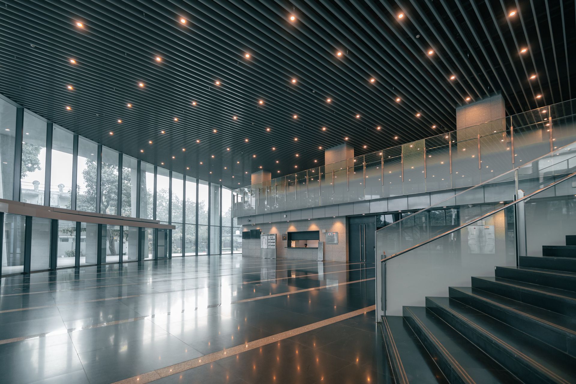 Modern commercial lobby illuminated with professional lighting